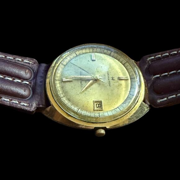 Vintage Hamilton Automatic Gold Tone Men\'s Wristwatch Brown Leather Band Date main image 5